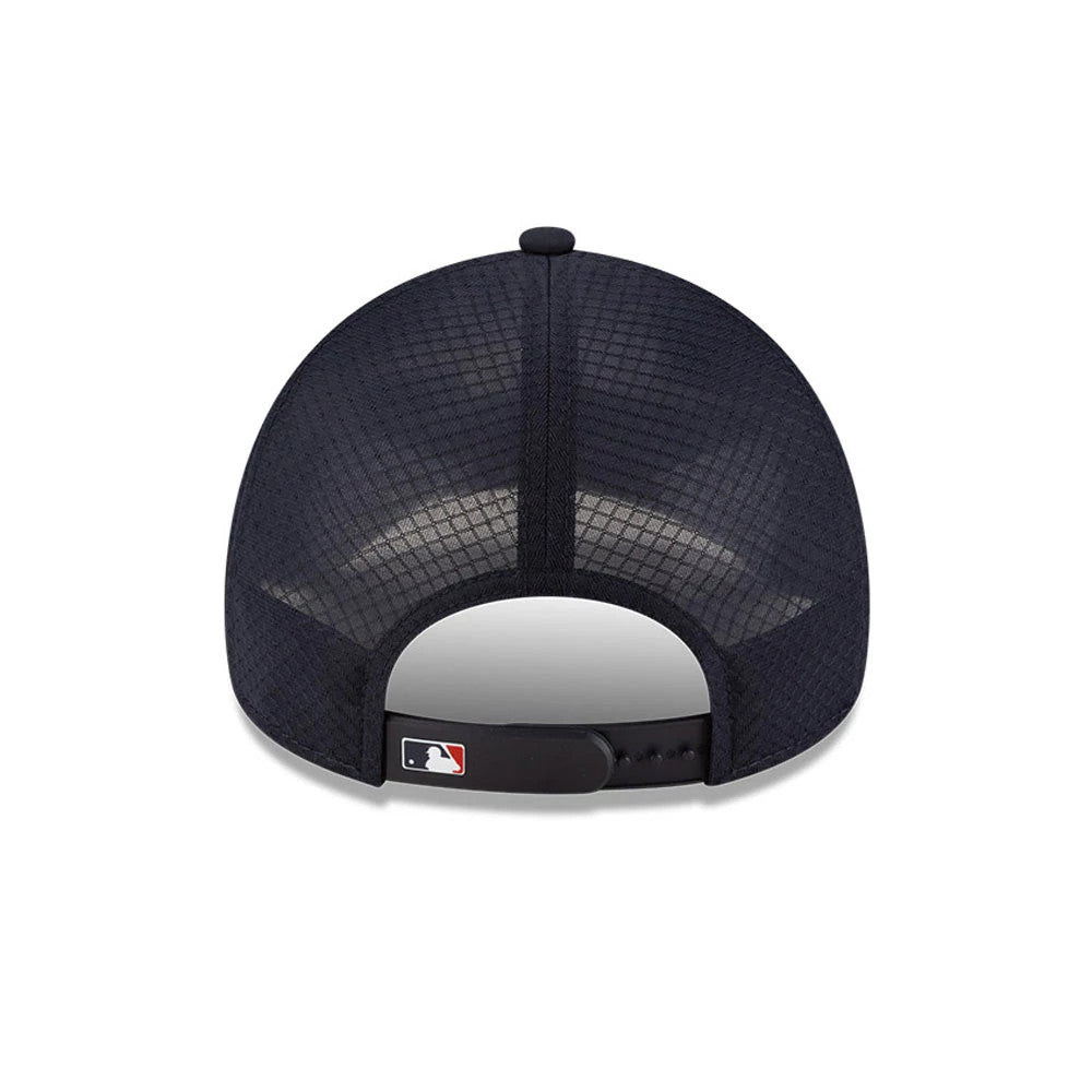 Minnesota Twins MLB Batting Practice 2026 Navy New Era 9FORTY Apex Adjustable Cap, rear view showing the embroidered MLB Batterman logo on the adjustable strap at the centre back of the diamond-patterned mesh panels.