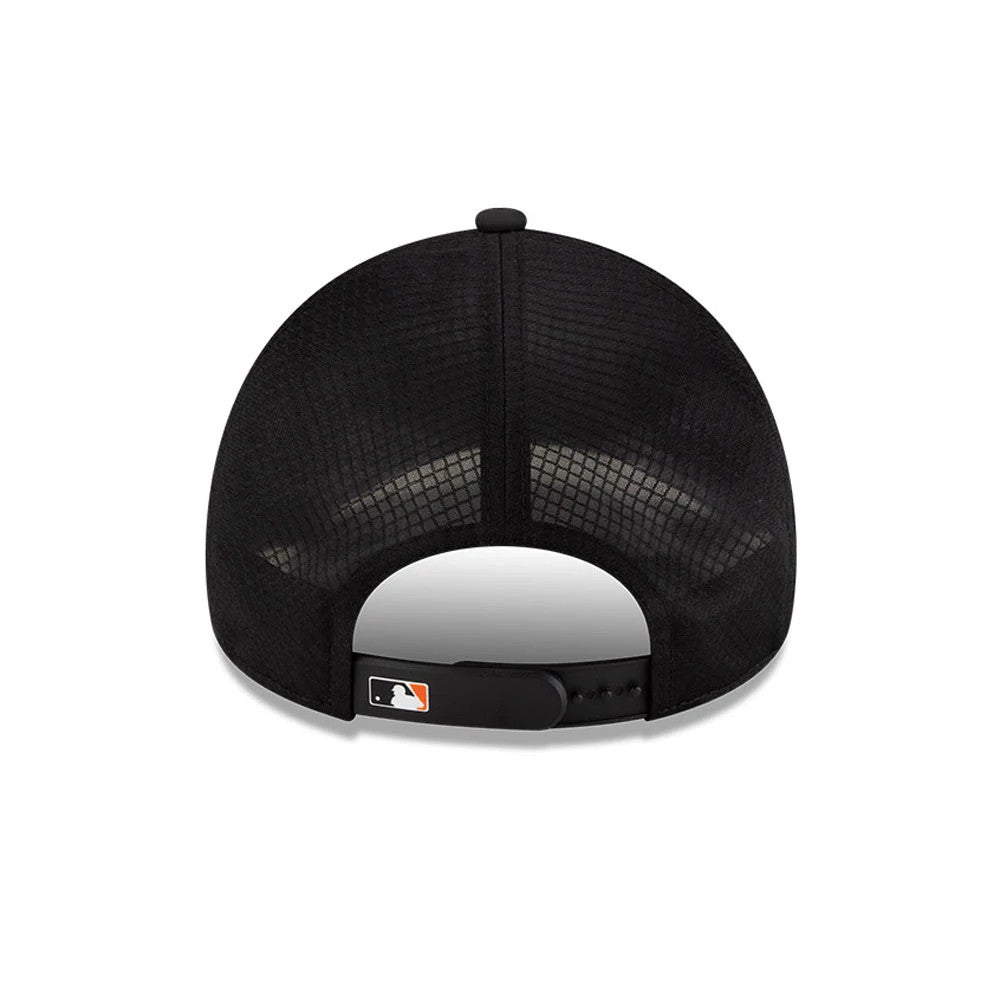 San Francisco Giants MLB Batting Practice 2026 Black New Era 9FORTY Apex Adjustable Cap, rear view showing the black embroidered MLB Batterman logo on the adjustable strap and the mesh design of the back panels.