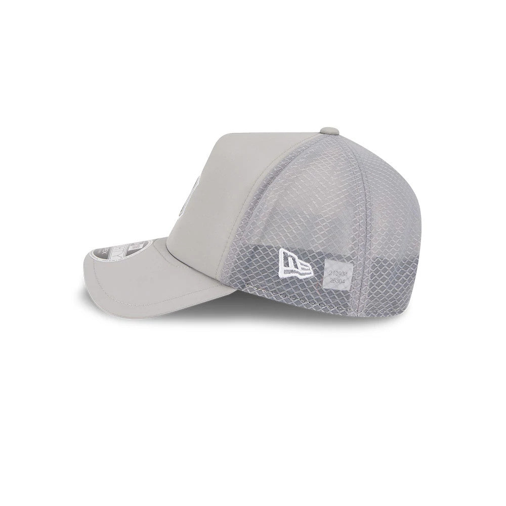 Detroit Tigers MLB Batting Practice 2026 Grey New Era 9FORTY Apex Adjustable Cap, side view showing the white embroidered New Era flag logo on the light grey mesh back panels with a curved grey visor and a size sticker on the top.