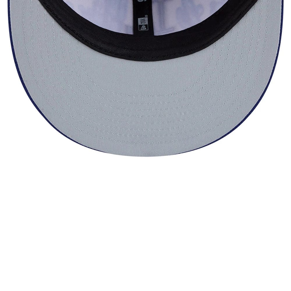 LA Dodgers MLB Grow Dark Blue New Era 9FIFTY Snapback Adjustable Cap, inside view showing the grey undervisor with black sweatband, white interior with branded taping, and no size sticker.