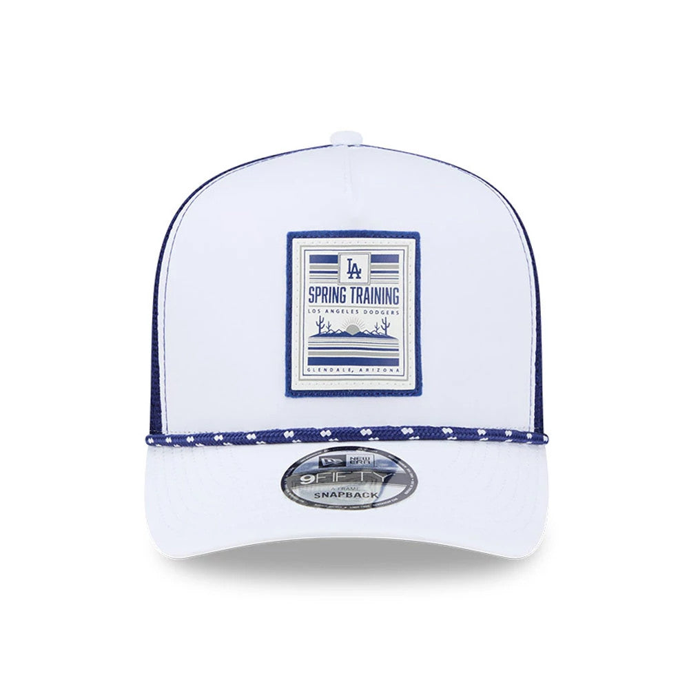 LA Dodgers MLB Lines White New Era 9FIFTY A-Frame Snapback Adjustable Cap, front view showing a blue and white Spring Training patch on the front panel, blue trim on the visor, and a 9FIFTY size sticker.