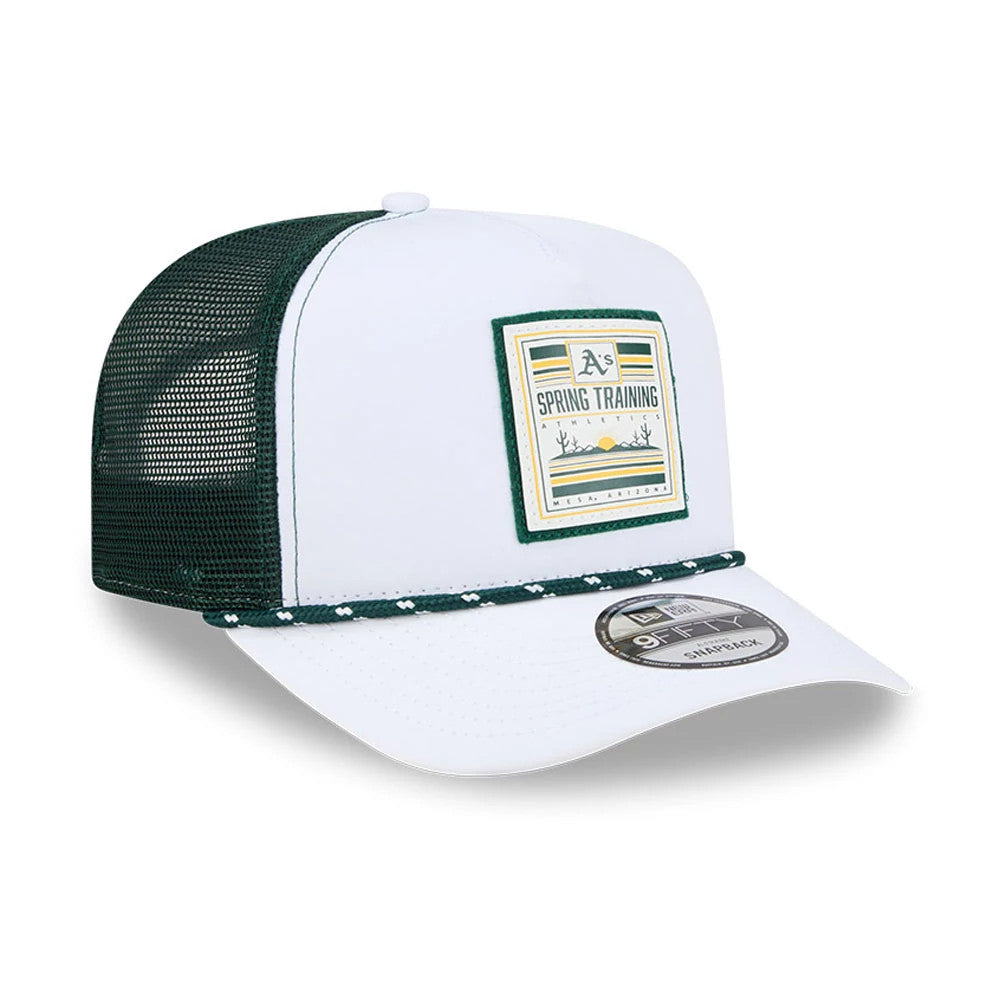Athletics MLB Lines Dark Green New Era 9FIFTY A-Frame Snapback Adjustable Cap, three-quarter view showing a Spring Training patch on the white front panel, a dark green mesh back, green and white rope detail above the visor and a 9FIFTY size sticker.