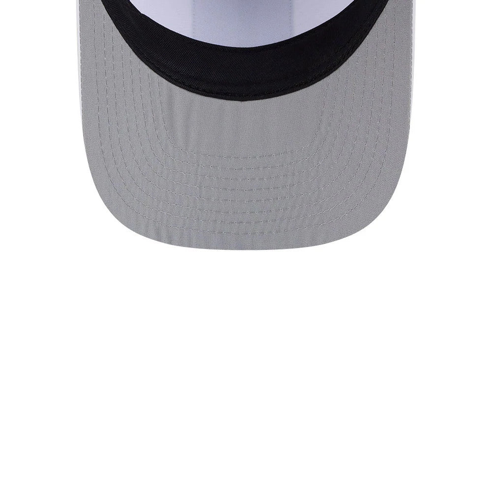 Athletics MLB Lines Dark Green New Era 9FIFTY A-Frame Snapback Adjustable Cap, inside view showing the grey undervisor, black sweatband, white internal taping, and detailed stitching on the visor.