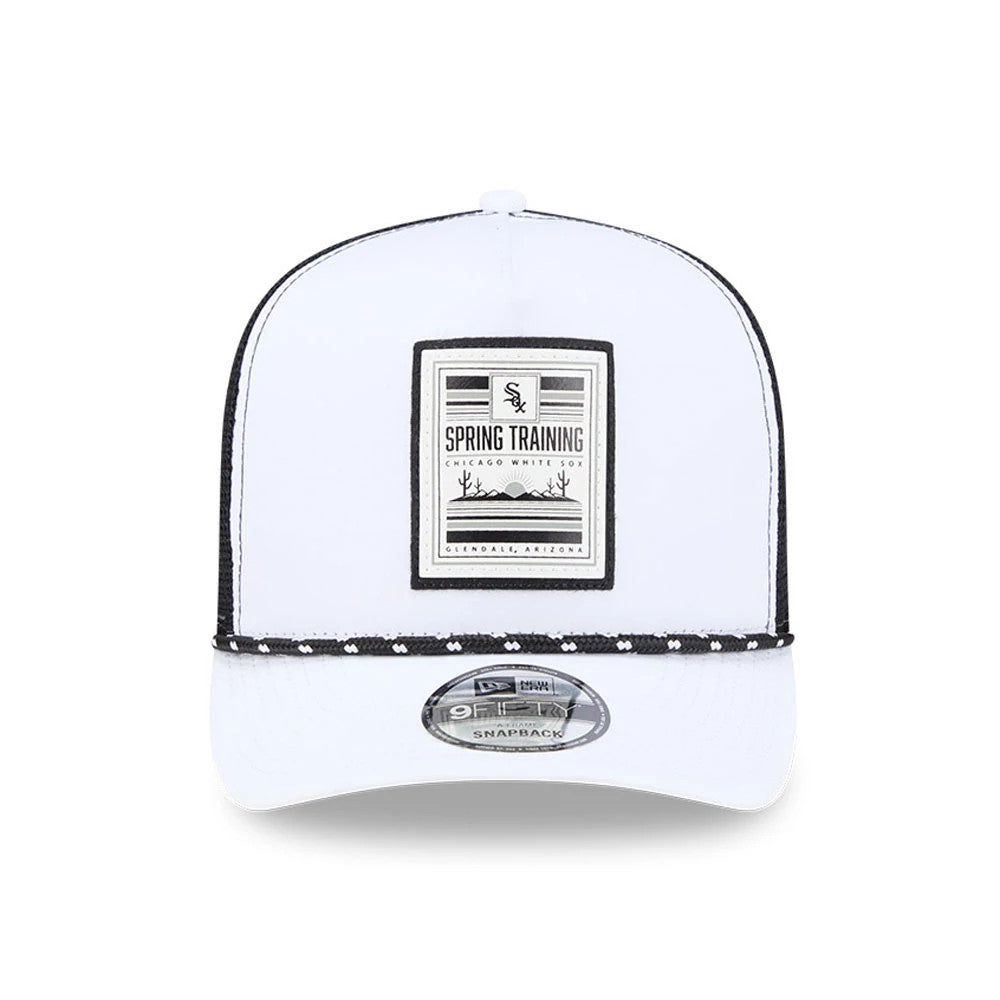 Chicago White Sox MLB Lines Black New Era 9FIFTY A-Frame Snapback Adjustable Cap, front view showing a white structured crown with a black embroidered Spring Training patch on the front panel and a 9FIFTY size sticker on the flat white visor.