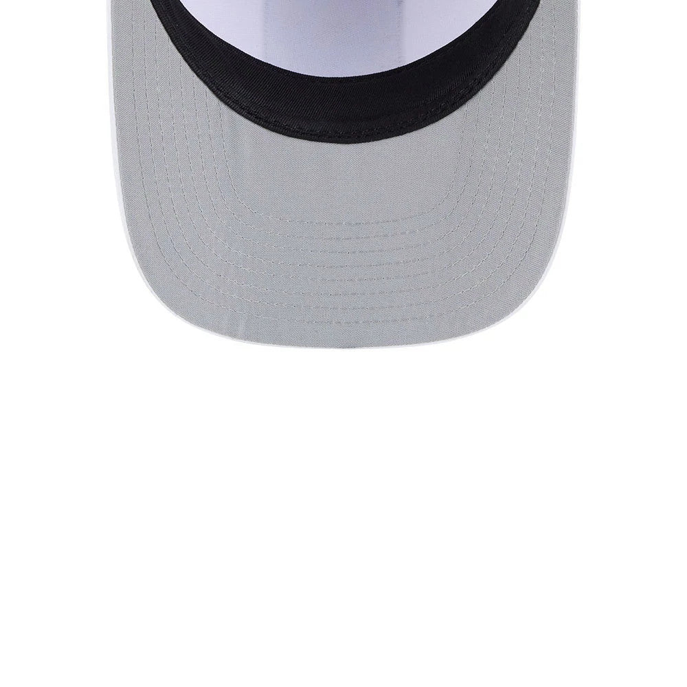 Chicago White Sox MLB Lines Black New Era 9FIFTY A-Frame Snapback Adjustable Cap, inside view showing grey undervisor with black trim, white sweatband and a clear view of the panel stitching detail.