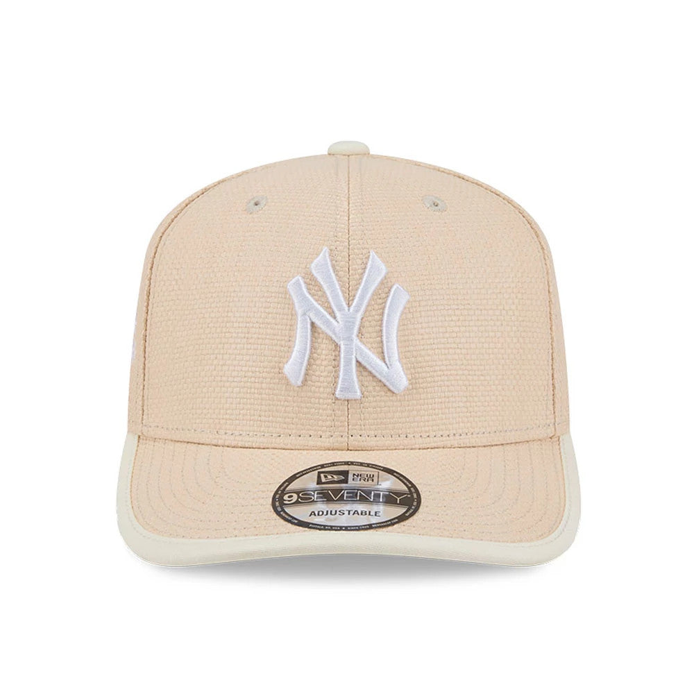 New York Yankees MLB Wicker Cream New Era 9SEVENTY Stretch Snap Adjustable Cap, front view with raised white NY logo on the cream wicker-textured crown and a cream visor, featuring a 9SEVENTY size sticker.