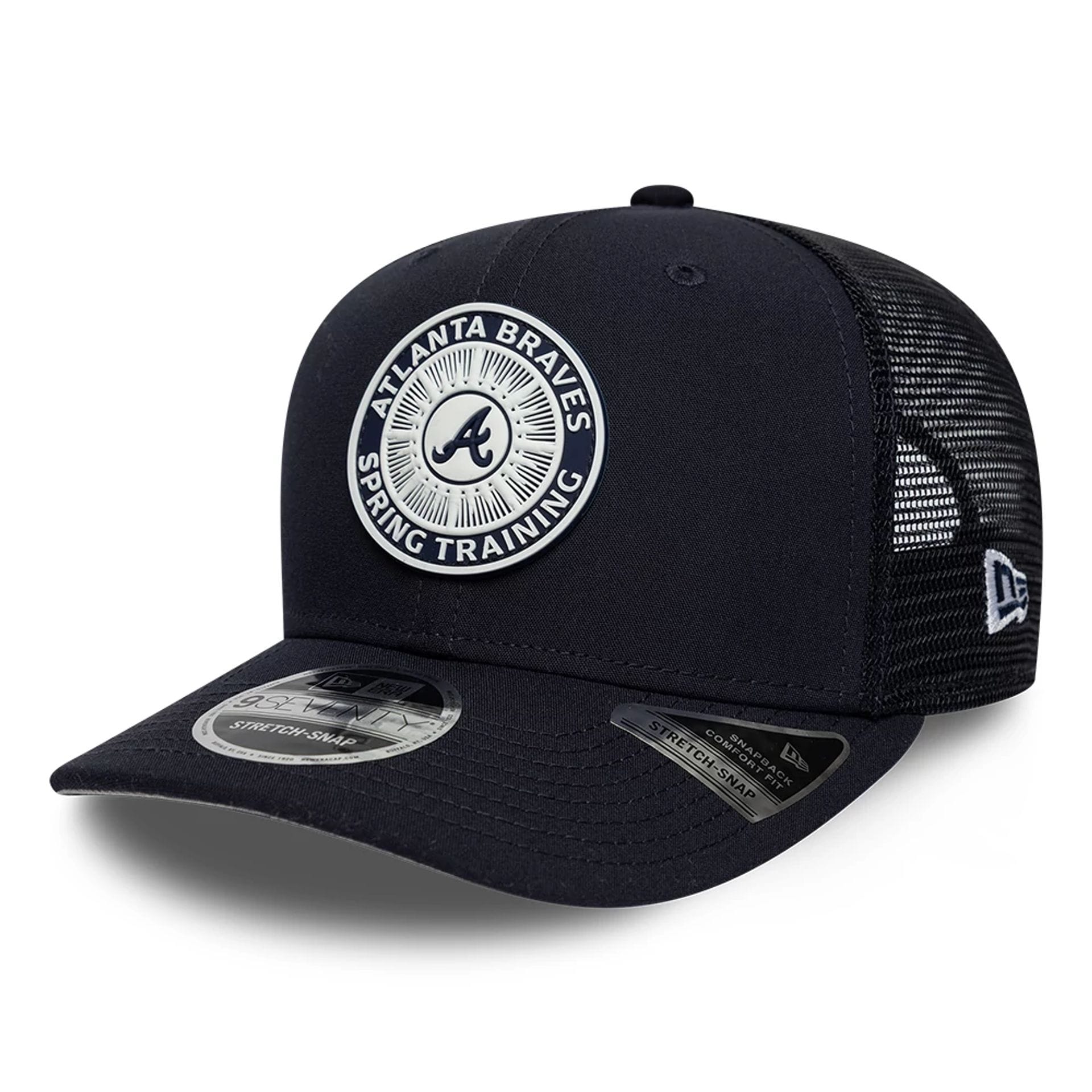 Pictured is this MLB Circles Atlanta Braves 9SEVENTY Stretch Snap cap in navy. 1