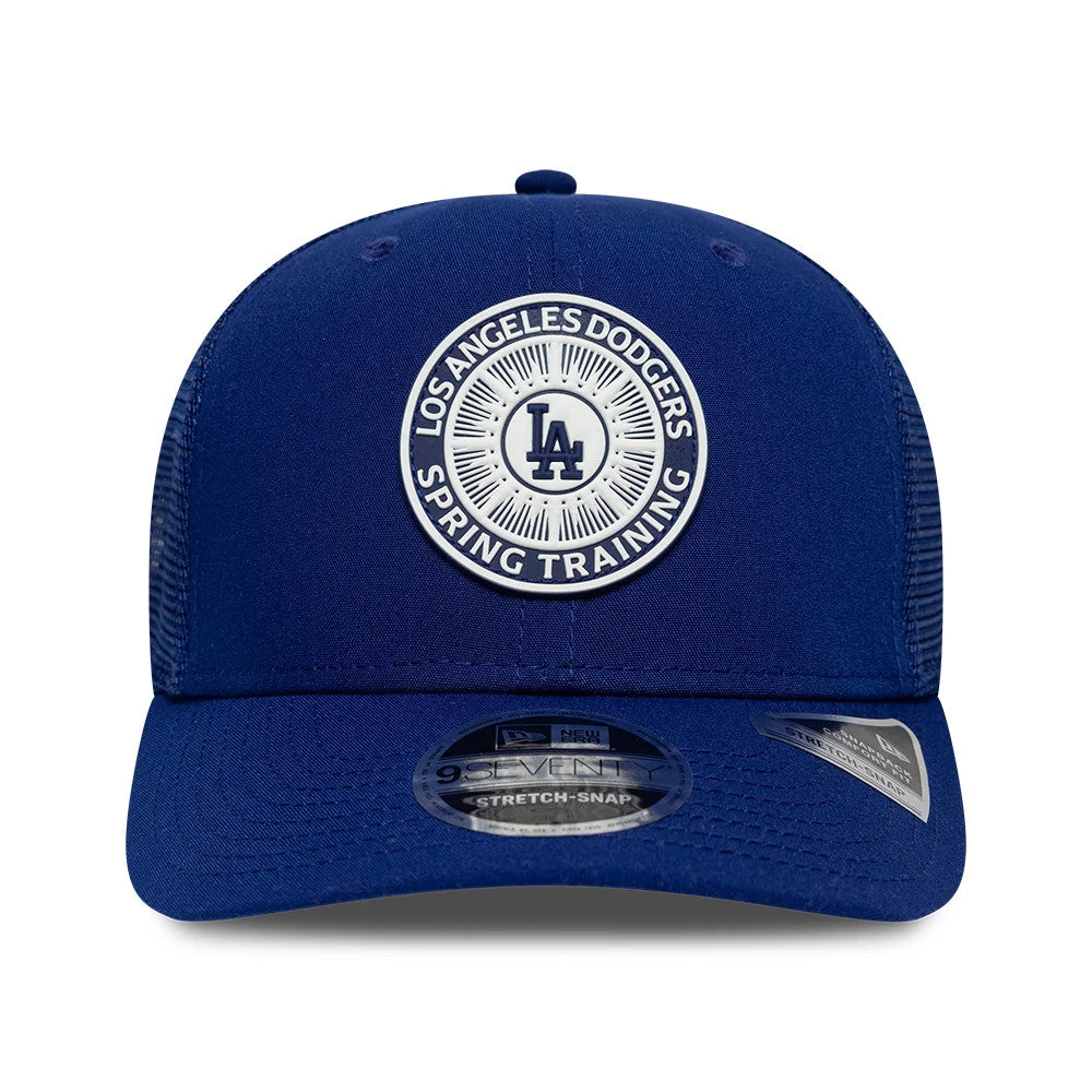 LA Dodgers MLB Circles Dark Blue New Era 9SEVENTY Stretch Snap Adjustable Cap, front view showing a raised blue and white embroidered circular logo with team name, blue visor with a 9SEVENTY size sticker, and mesh side panels.