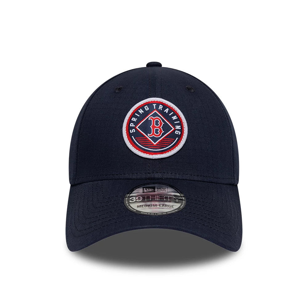 Boston Red Sox MLB Ripstop Navy New Era 39THIRTY Stretch Fit Cap, front view showing a raised embroidered Spring Training logo patch in red, white, and blue on the front panel, with a curved navy visor and a 39THIRTY size sticker.