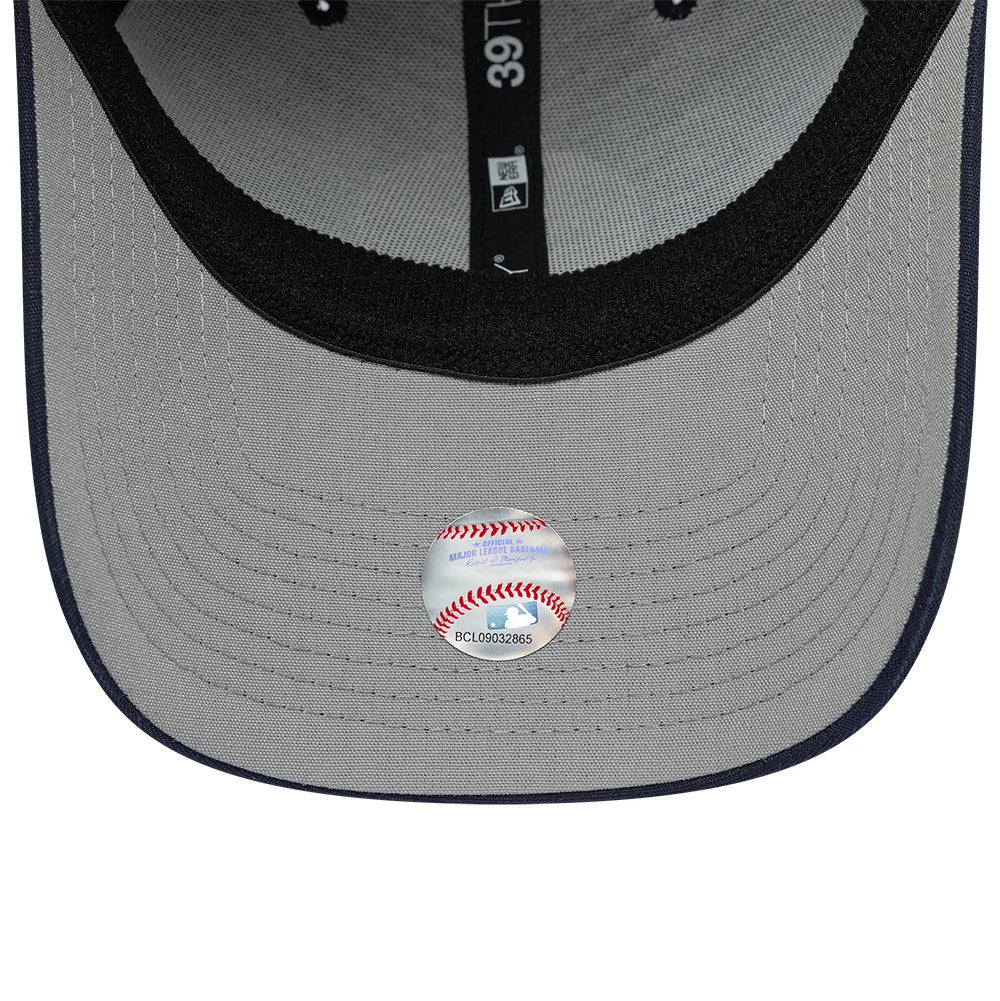 Boston Red Sox MLB Ripstop Navy New Era 39THIRTY Stretch Fit Cap, inside view showing the grey undervisor with a baseball graphic sticker, black sweatband and branded taping across the panels.