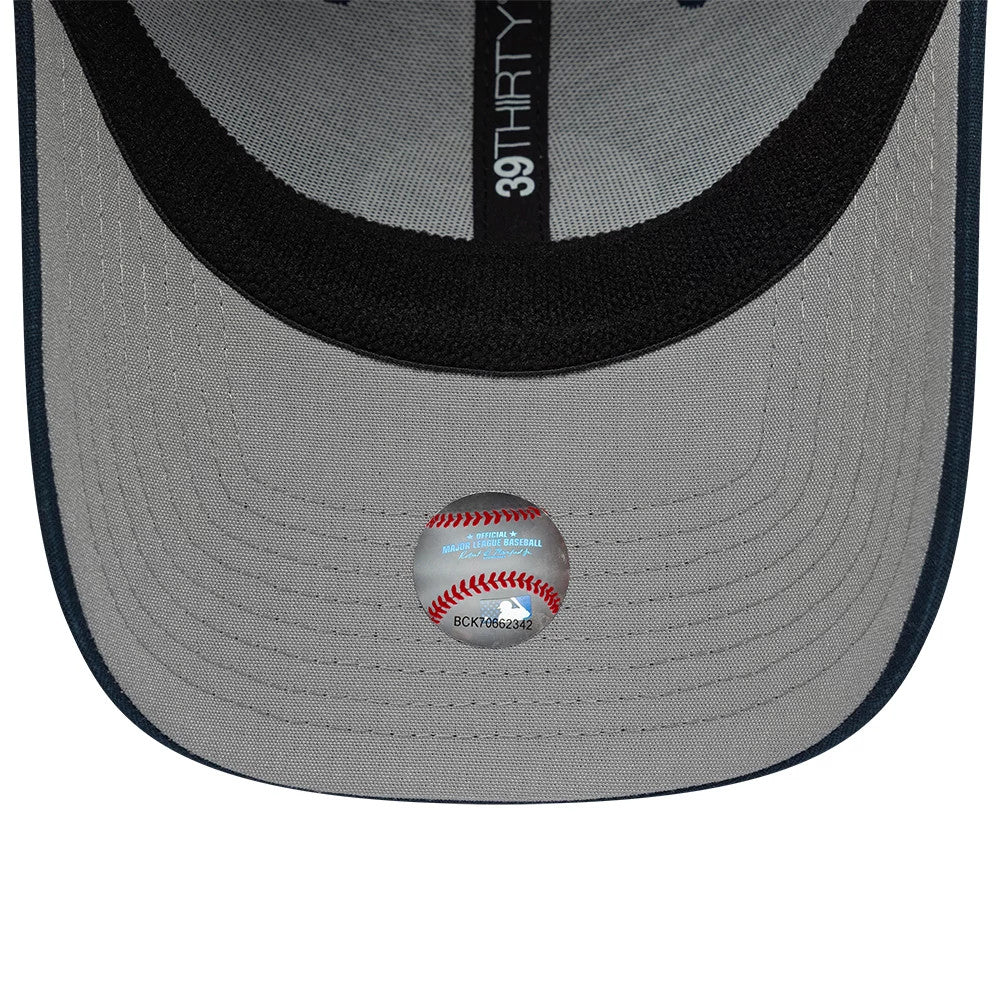 LA Dodgers MLB Ripstop Dark Blue New Era 39THIRTY Stretch Fit Cap, inside view showing black taping with 39THIRTY branding and a grey undervisor, accented by an official MLB sticker with a baseball design.