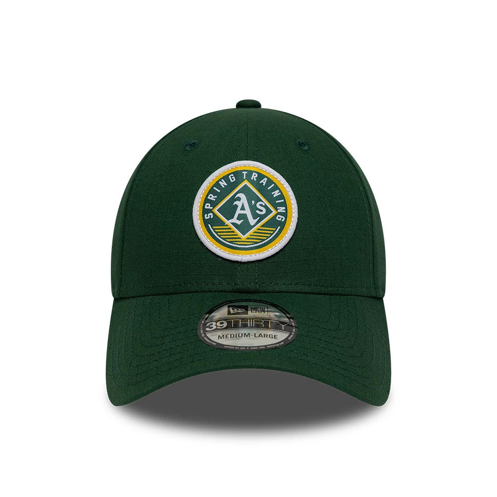 Athletics MLB Ripstop Dark Green New Era 39THIRTY Stretch Fit Cap, front view showing the white, yellow and green Spring Training A’s logo embroidered on the structured dark green crown, with a 39THIRTY size sticker on the curved visor.