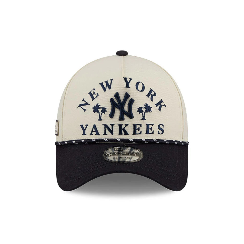 New York Yankees MLB Rope Cream New Era 9FORTY A-Frame Adjustable Cap, front view showing navy raised embroidery of the Yankees logo with palm trees, a black visor with a decorative rope trim, and a 9FORTY size sticker.