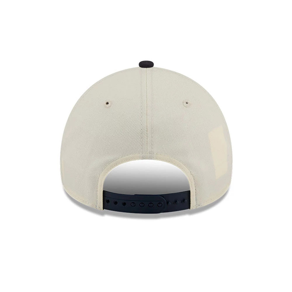 New York Yankees MLB Rope Cream New Era 9FORTY A-Frame Adjustable Cap, rear view showing the black embroidered MLB Batterman logo at the centre back, with a cream structured crown and black adjustable strap.