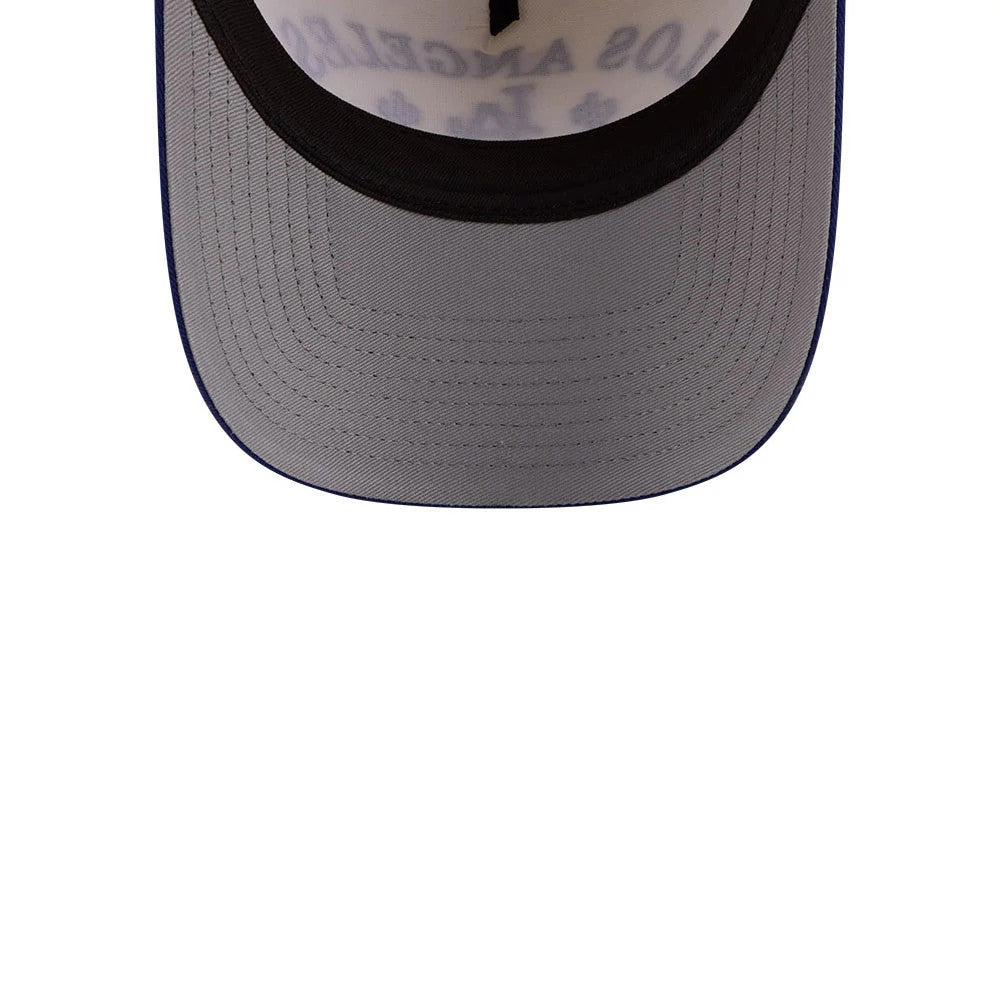 LA Dodgers MLB Rope Cream New Era 9FORTY A-Frame Adjustable Cap, inside view showing the grey undervisor and Los Angeles Dodgers print on the inner crown, along with black taping and a black sweatband.