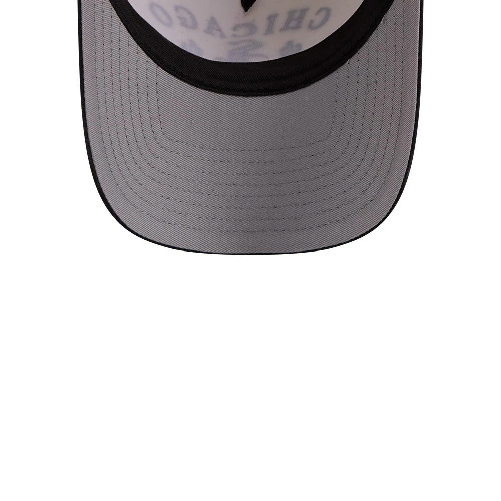 Chicago White Sox MLB Rope Black New Era 9FORTY A-Frame Adjustable Cap, inside view showing the grey undervisor, black edging, and interior panel with printed Chicago design through the fabric.