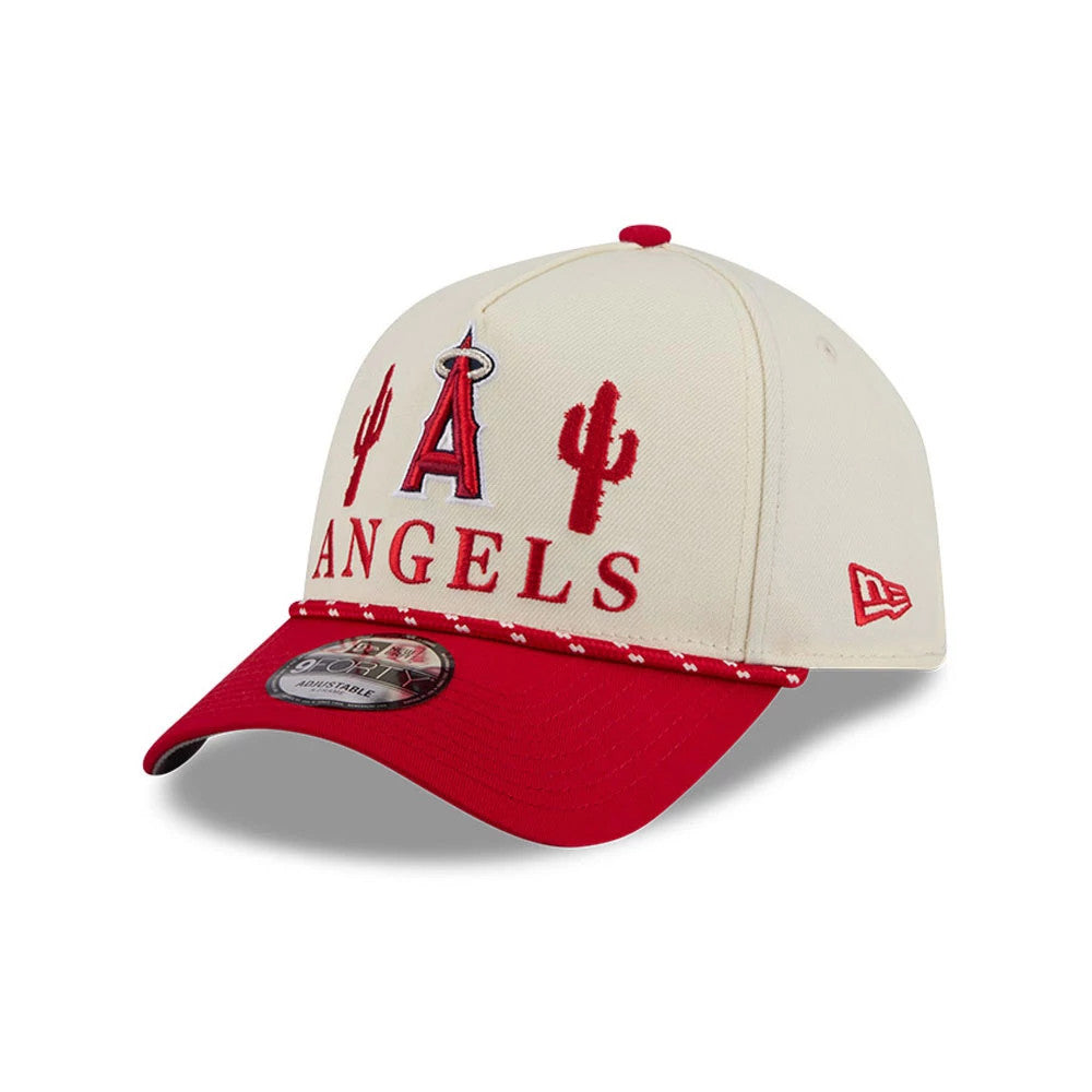 LA Angels MLB Rope Red New Era 9FORTY A-Frame Adjustable Cap, front three-quarter view showing red embroidered cactus graphics and team logo on the cream crown, with a red visor and 9FORTY size sticker.