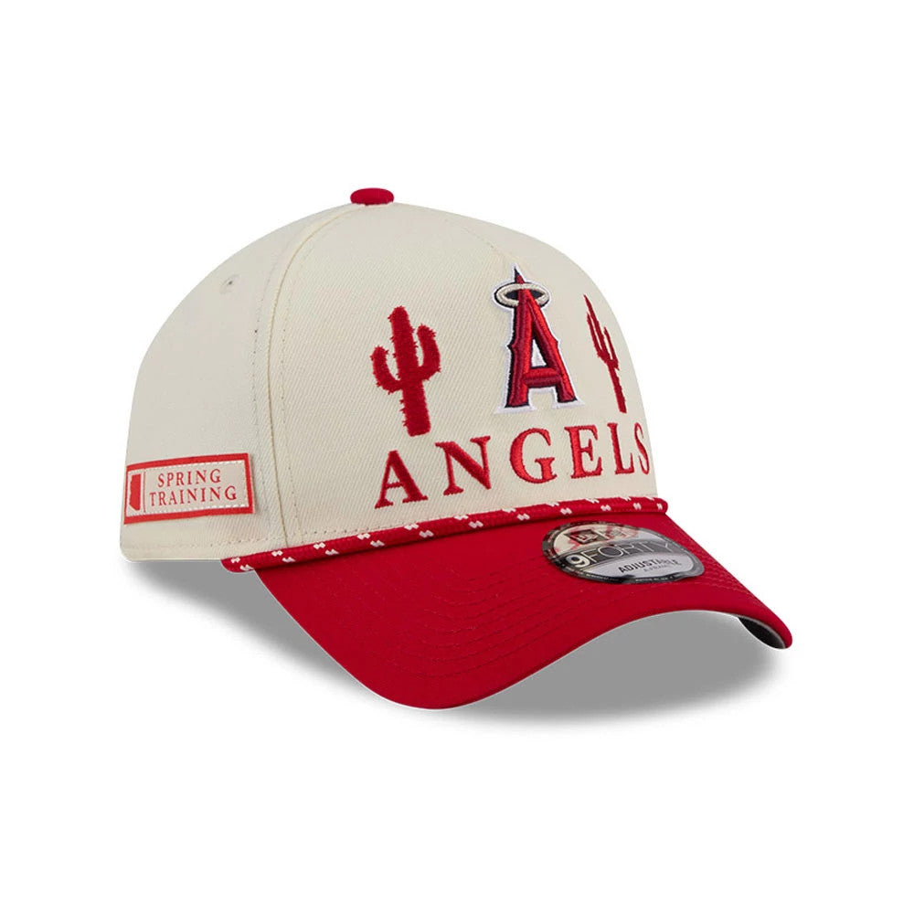 LA Angels MLB Rope Red New Era 9FORTY A-Frame Adjustable Cap, three-quarter view showing the red embroidered A logo with cacti on the front, a red visor with a 9FORTY size sticker, and Spring Training patch on the left side.