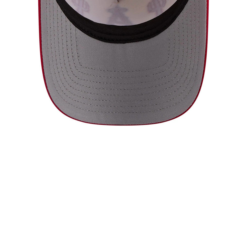 LA Angels MLB Rope Red New Era 9FORTY A-Frame Adjustable Cap, inside view showing the light grey undervisor, inner black sweatband, and patterned taping with team motifs on a structured red crown.
