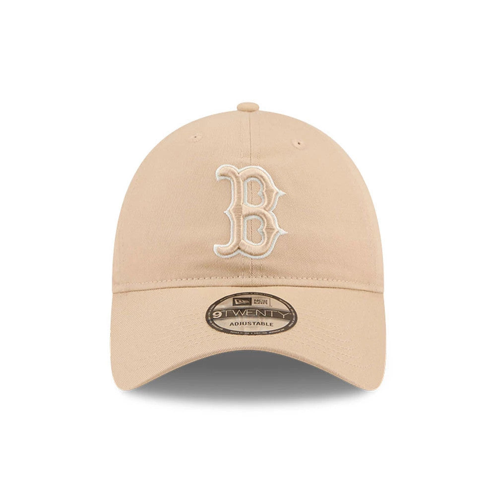 Boston Red Sox MLB Colours Light Beige New Era 9TWENTY Adjustable Cap, front view showing white embroidered B logo on the structured crown with a curved visor and 9TWENTY size sticker.