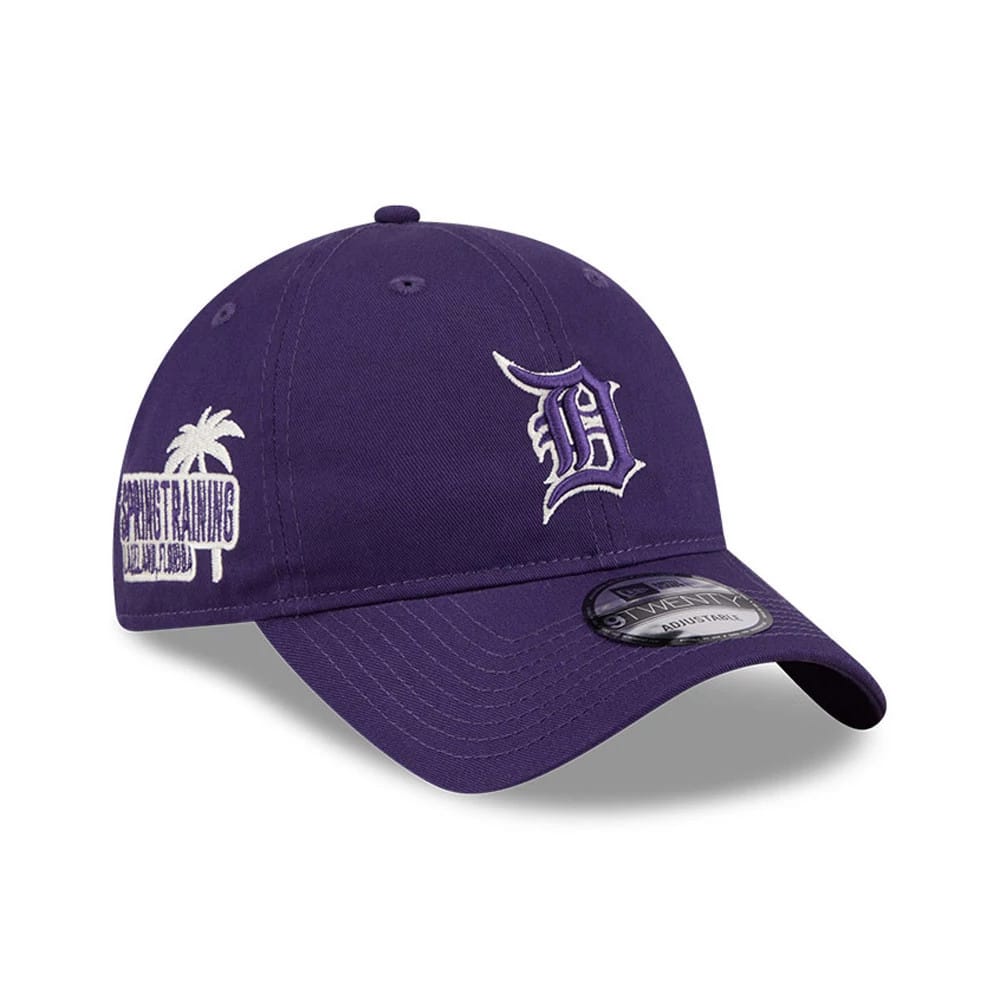 Detroit Tigers MLB Colours Purple New Era 9TWENTY Adjustable Cap, three-quarter view showing a white embroidered Detroit Tigers logo on the front panel, a spring training palm tree graphic on the left side.