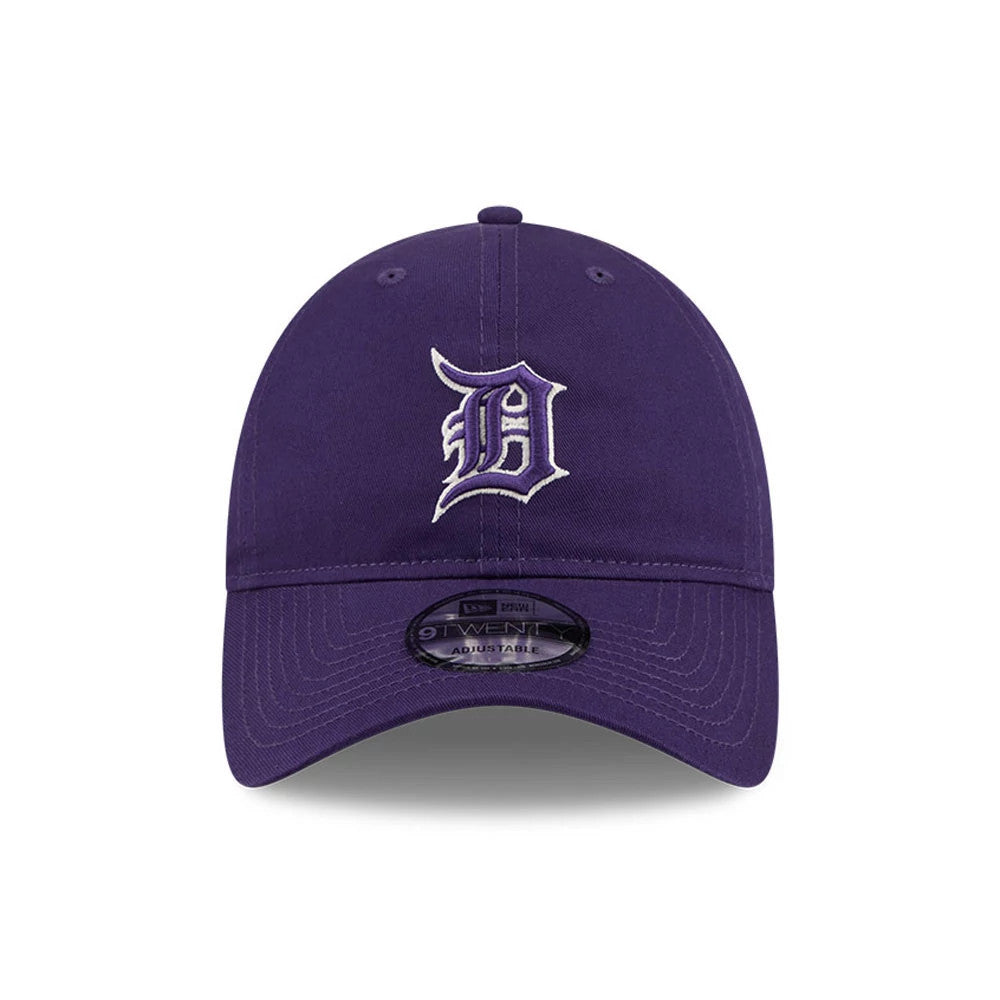 Detroit Tigers MLB Colours Purple New Era 9TWENTY Adjustable Cap, front view showing a white and purple embroidered Tigers logo on the front panel, curved purple visor, and a black 9TWENTY size sticker on the visor.