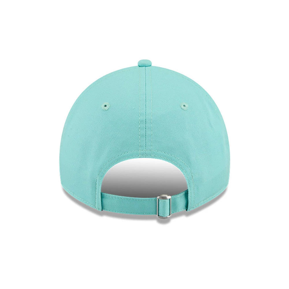 LA Dodgers MLB Colours Turquoise New Era 9TWENTY Adjustable Cap, rear view showing the turquoise fabric strap with a buckle, the finish of the relaxed crown and embroidered eyelets, and the matching top button.