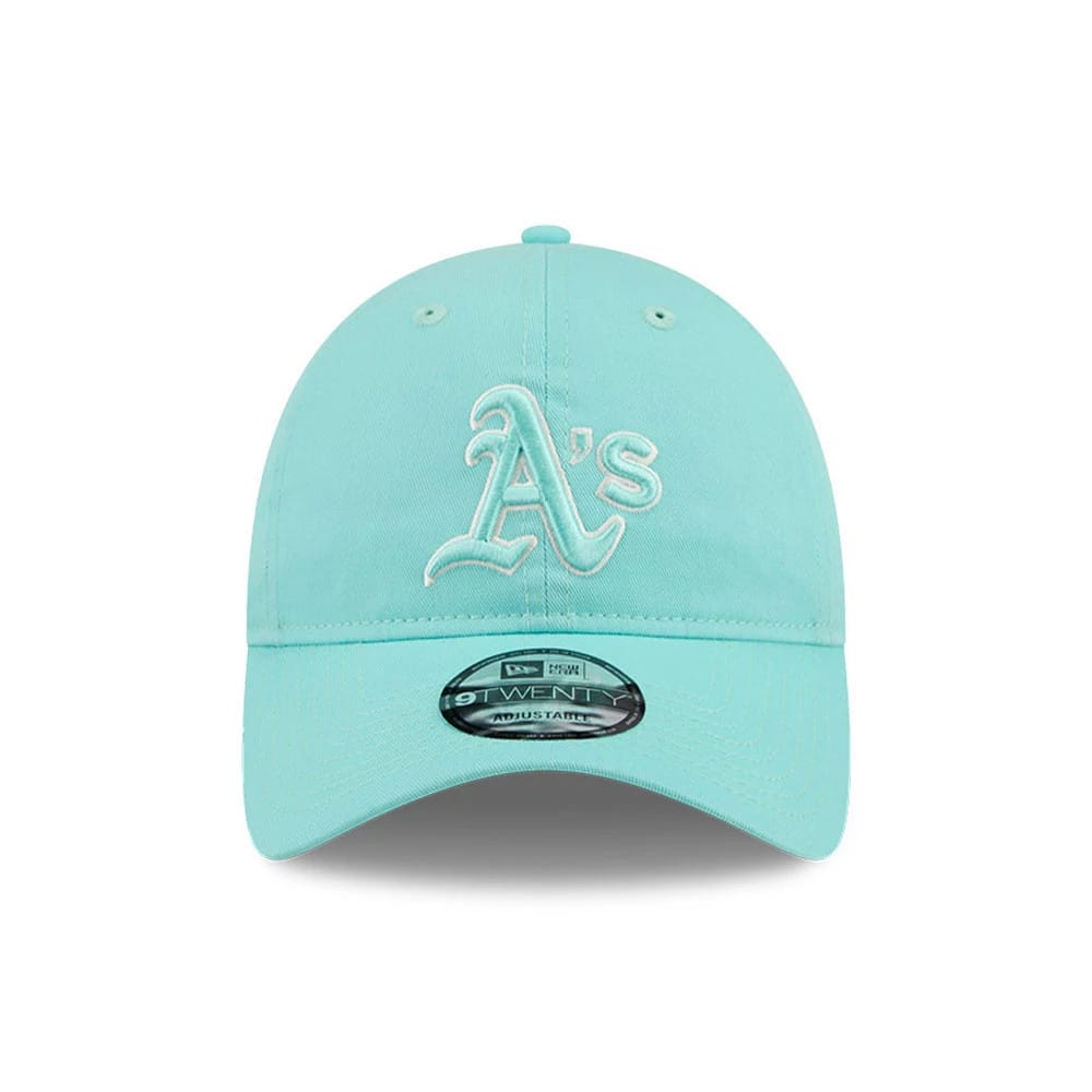 Athletics MLB Colours Turquoise New Era 9TWENTY Adjustable Cap, front view showing the raised white embroidered A's logo on the front panel, curved turquoise visor, and a 9TWENTY size sticker on the visor.