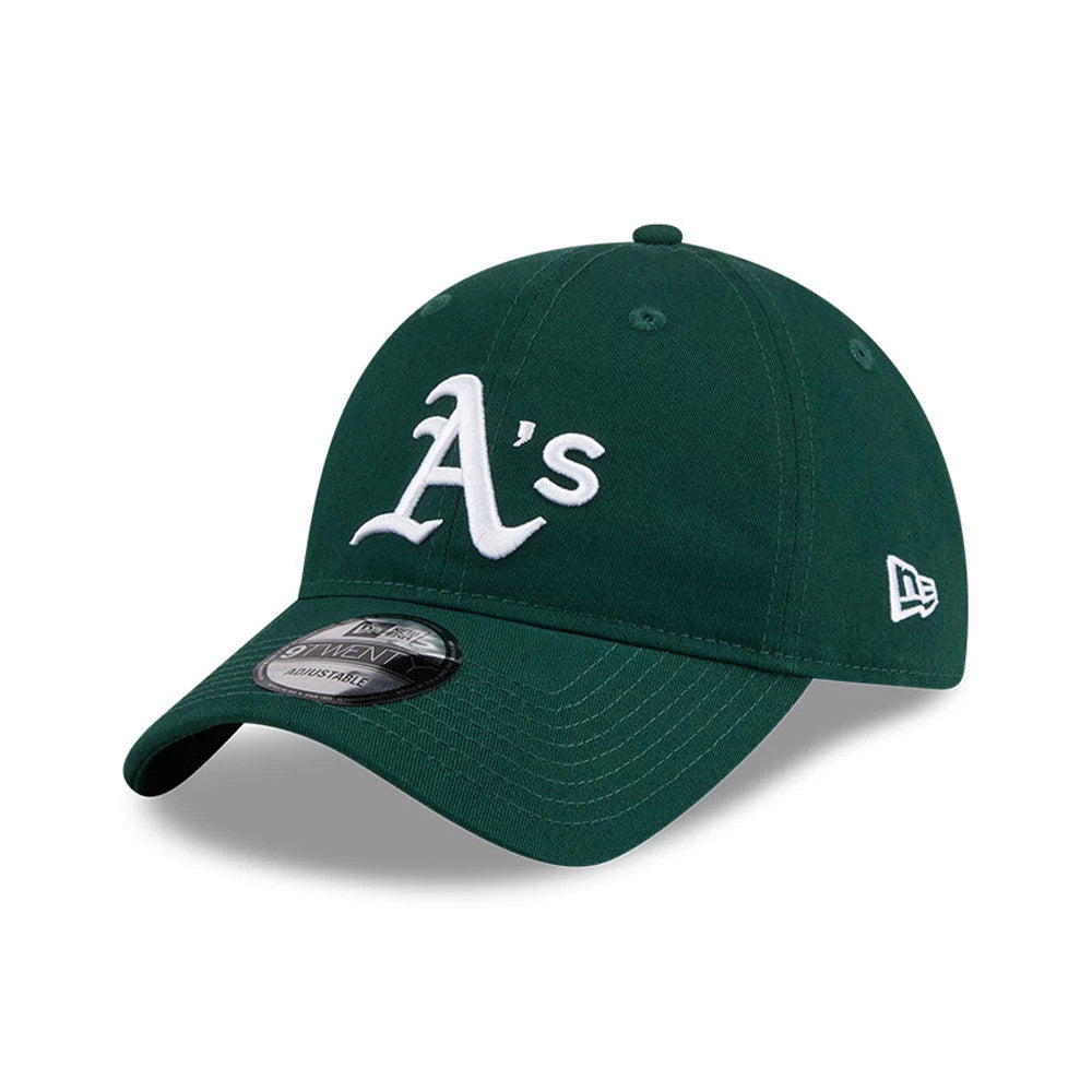 Athletics MLB Colours Dark Green New Era 9TWENTY Adjustable Cap, three-quarter view showing the white embroidered A's logo on the front panels, curved visor with 9TWENTY size sticker, and New Era flag logo on the left side.