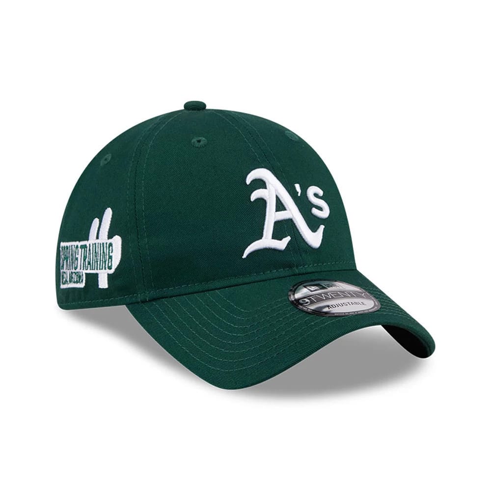Athletics MLB Colours Dark Green New Era 9TWENTY Adjustable Cap, three-quarter view showing white raised embroidery of the A's logo on the front panel, with a flat black visor and a 9TWENTY size sticker.