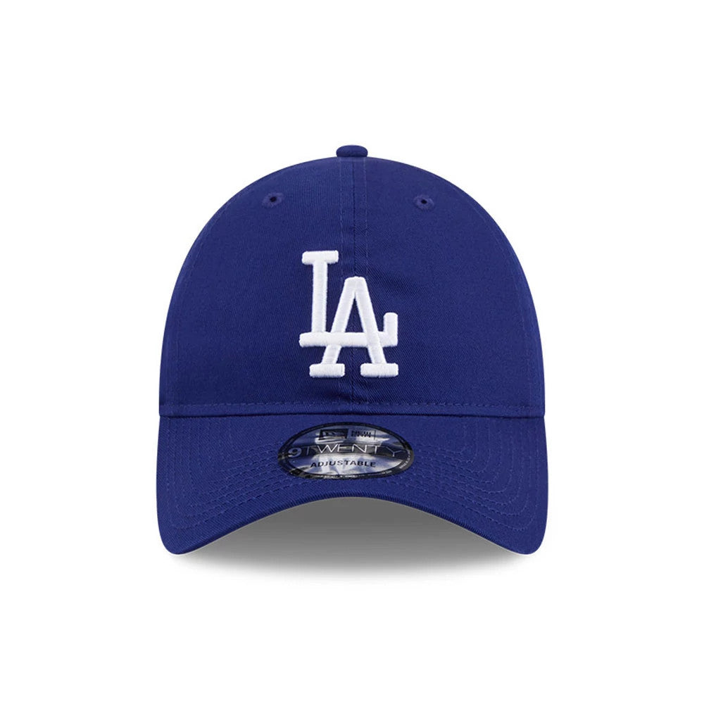 LA Dodgers MLB Colours Dark Blue New Era 9TWENTY Adjustable Cap, front view showing the raised white embroidered LA logo on the structured crown with a curved visor and a 9TWENTY size sticker on the visor.