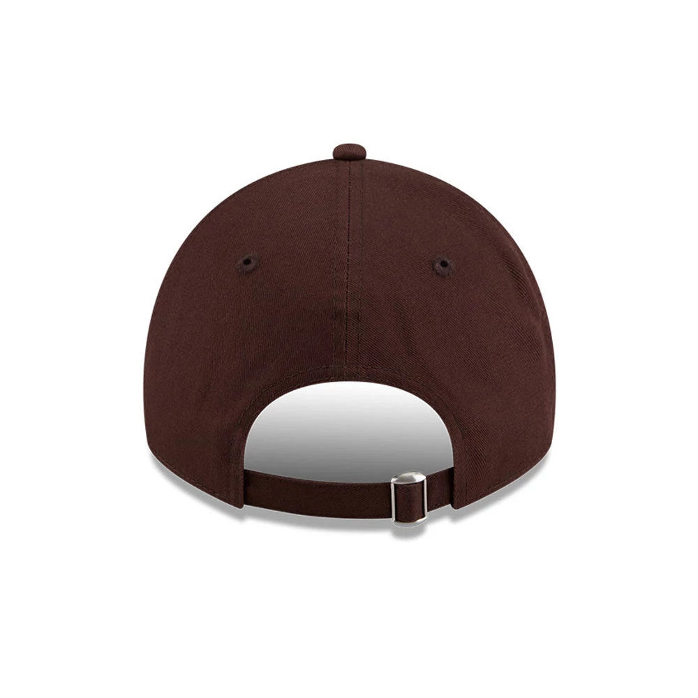 San Diego Padres MLB Colours Dark Brown New Era 9TWENTY Adjustable Cap, rear view showing the curved brown visor, fabric strap with buckle, and two dark brown eyelets on the structured crown.