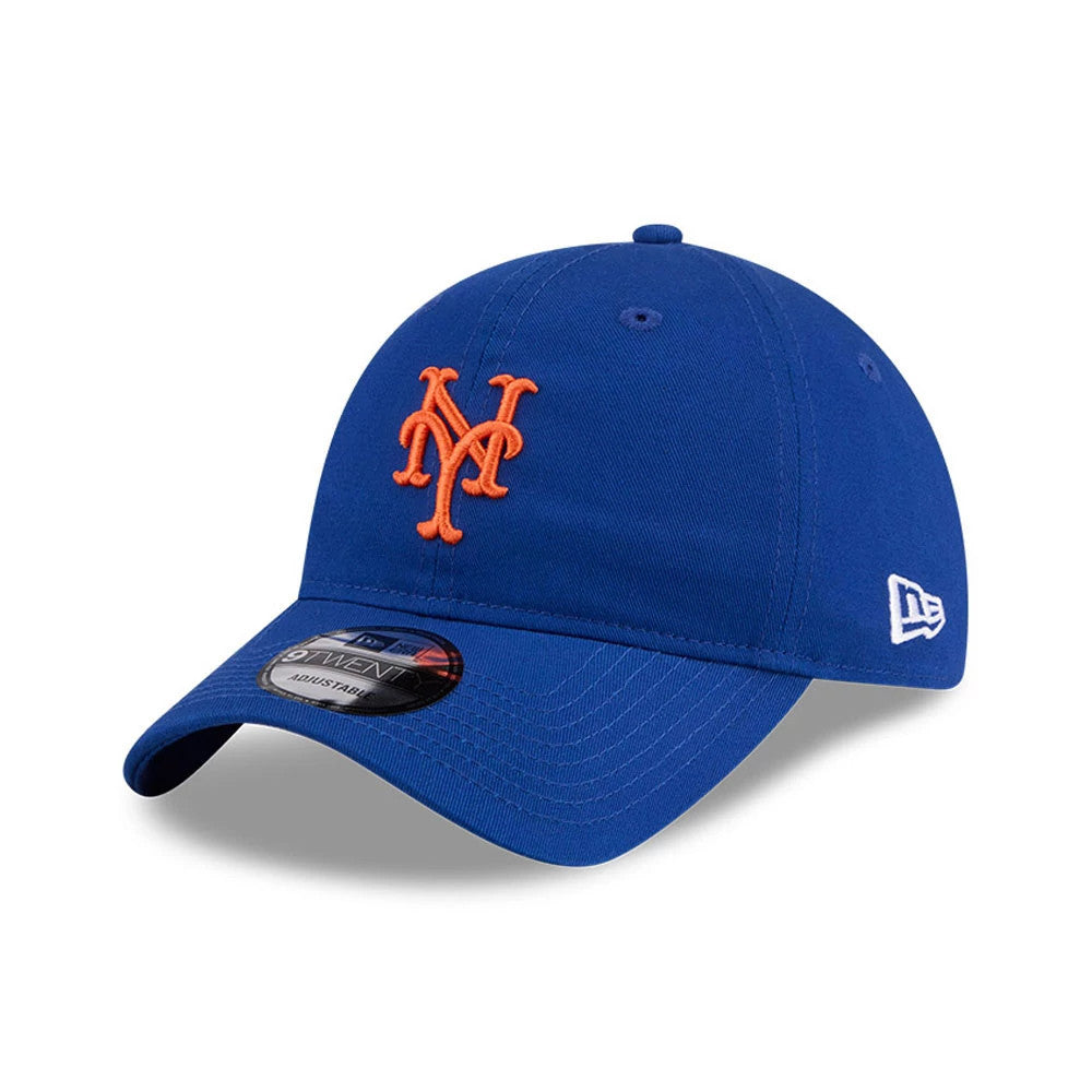 New York Mets MLB Colours Blue New Era 9TWENTY Adjustable Cap, three-quarter view showing the orange raised embroidered Mets logo on the front panel, curved visor with a 9TWENTY size sticker, and white New Era flag logo on the left side.