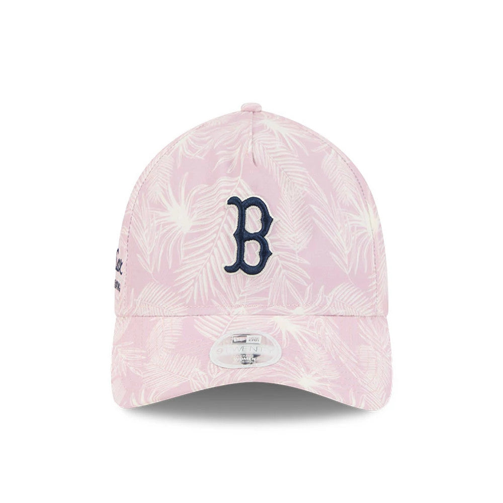 Boston Red Sox Womens MLB Pastel Pastel Pink New Era 9TWENTY A-Frame Adjustable Cap, front view showing a navy embroidered B on a pastel palm pattern with a pink visor and a transparent 9TWENTY size sticker.