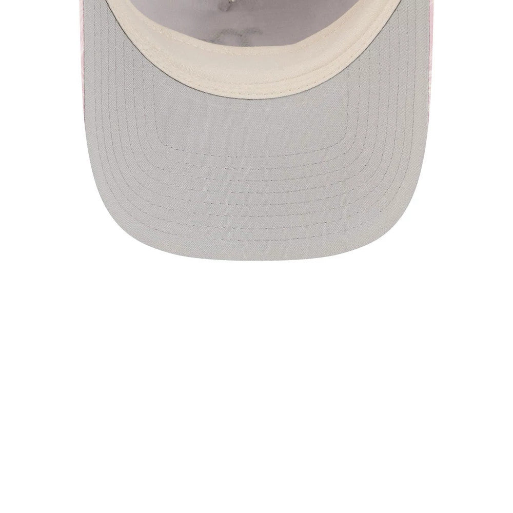 Boston Red Sox Womens MLB Pastel Pastel Pink New Era 9TWENTY A-Frame Adjustable Cap, inside view showing a cream sweatband and a light grey undervisor with parallel lines of stitching along its surface.