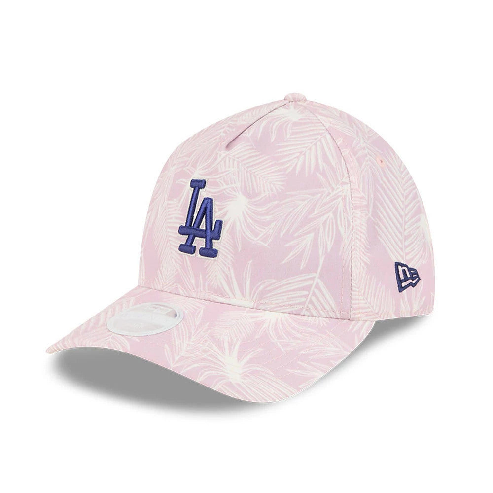 LA Dodgers Womens MLB Pastel Pastel Pink New Era 9TWENTY A-Frame Adjustable Cap, front view showing the navy LA logo in raised embroidery on a pastel pink palm leaf patterned crown with a matching curved visor and 9TWENTY size sticker.