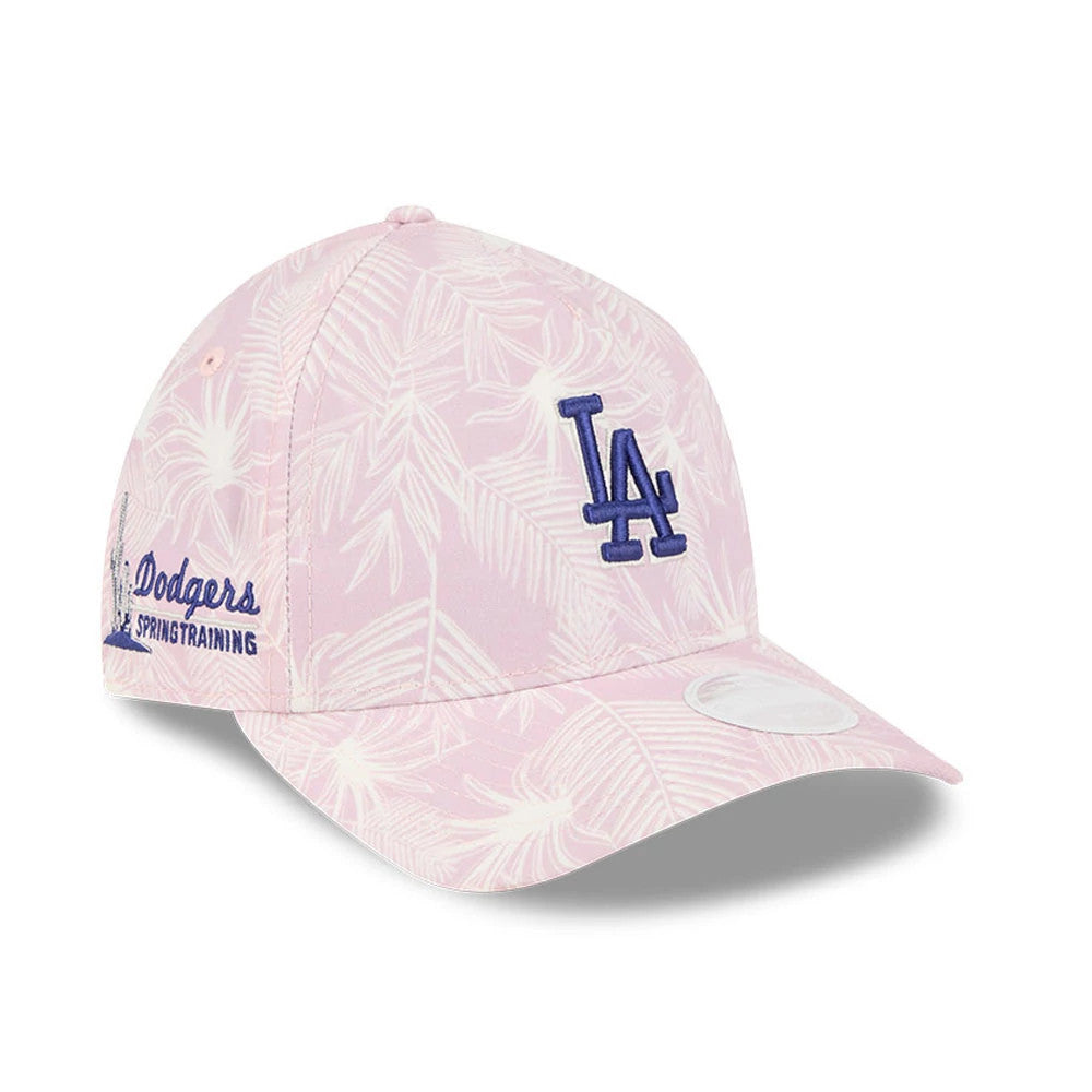 LA Dodgers Womens MLB Pastel Pastel Pink New Era 9TWENTY A-Frame Adjustable Cap, three-quarter view with a raised dark blue LA logo on the front panel, palm leaf pattern, and white size sticker on the curved visor.