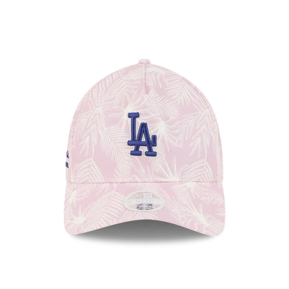 LA Dodgers Womens MLB Pastel Pastel Pink New Era 9TWENTY A-Frame Adjustable Cap, front view showing a blue LA logo in raised embroidery on the patterned pink crown, with a 9TWENTY size sticker on the curved visor.