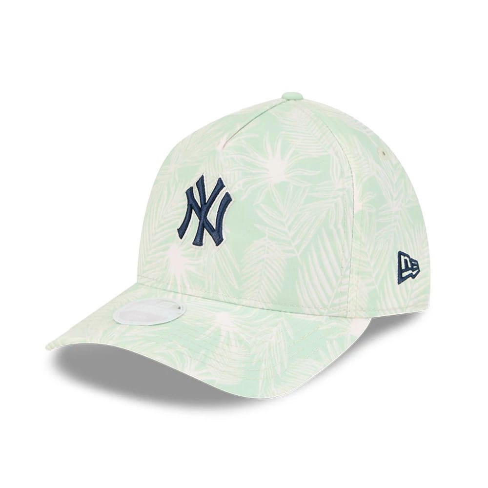 New York Yankees Womens MLB Pastel Green New Era 9TWENTY A-Frame Adjustable Cap, three-quarter view showing the navy embroidered NY logo on the front panel, pastel green palm print design, and the New Era flag logo on the left side.