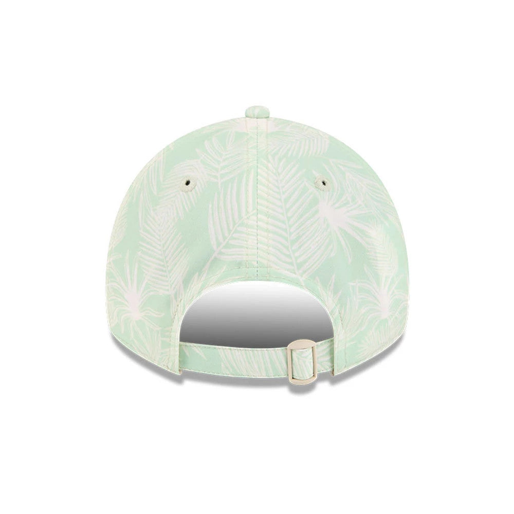 New York Yankees Womens MLB Pastel Green New Era 9TWENTY A-Frame Adjustable Cap, rear view showing a white palm leaf pattern across the mint green panels with a fabric strap and buckle for adjustment.