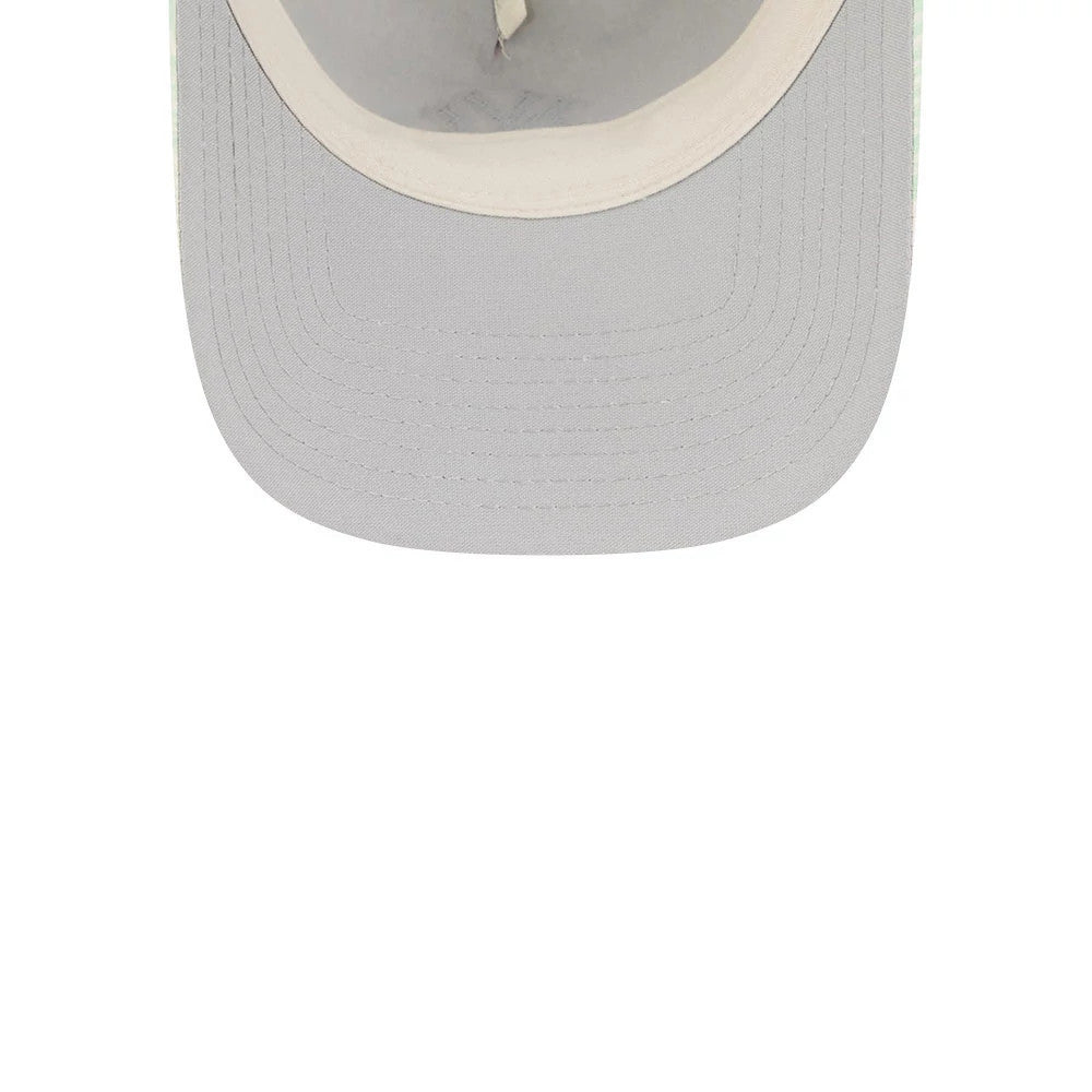 New York Yankees Womens MLB Pastel Green New Era 9TWENTY A-Frame Adjustable Cap, inside view showing the grey undervisor with cream taping and a cream sweatband attached to the structured panels.