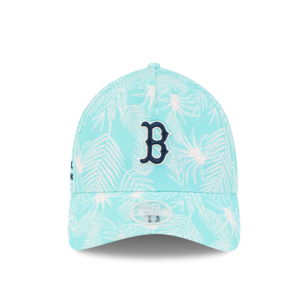 Boston Red Sox Womens MLB Pastel Turquoise New Era 9TWENTY A-Frame Adjustable Cap, front view showing the navy blue embroidered B logo on a pastel turquoise palm leaf pattern with a curved visor and 9TWENTY size sticker.