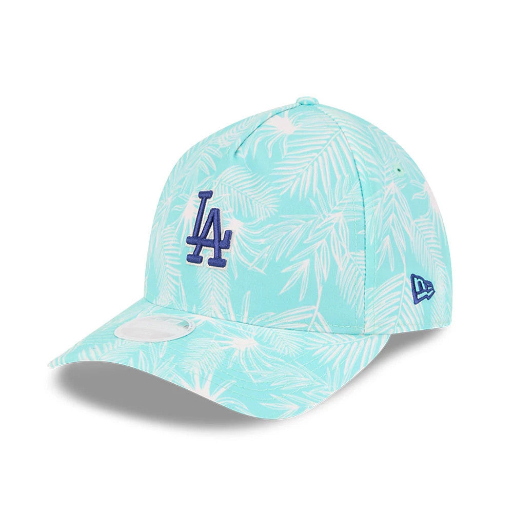 LA Dodgers Womens MLB Pastel Turquoise New Era 9TWENTY A-Frame Adjustable Cap, three-quarter view showing the raised blue LA logo embroidered on the front panel, with a tropical leaf pattern and a white size sticker on the curved visor.