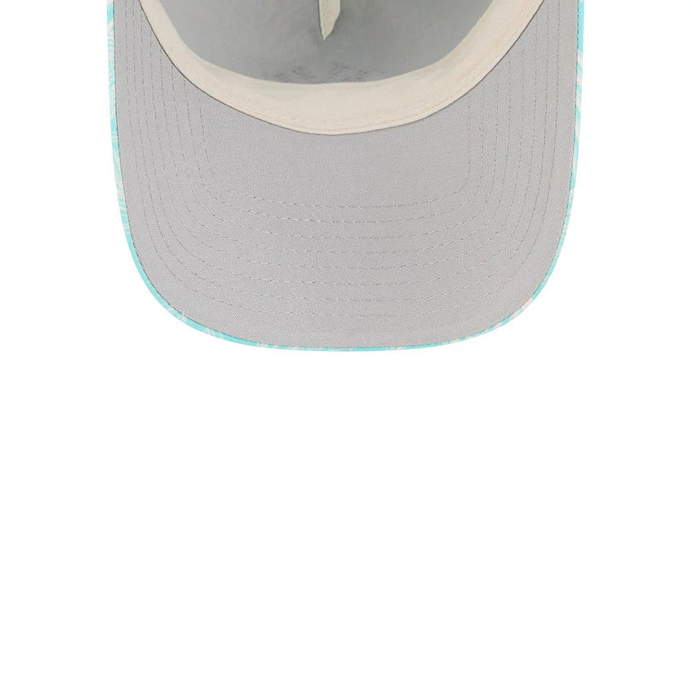 New York Yankees Womens MLB Pastel Turquoise New Era 9TWENTY A-Frame Adjustable Cap, inside view showing the light grey undervisor and beige sweatband, with pastel turquoise trim along the visor edge.