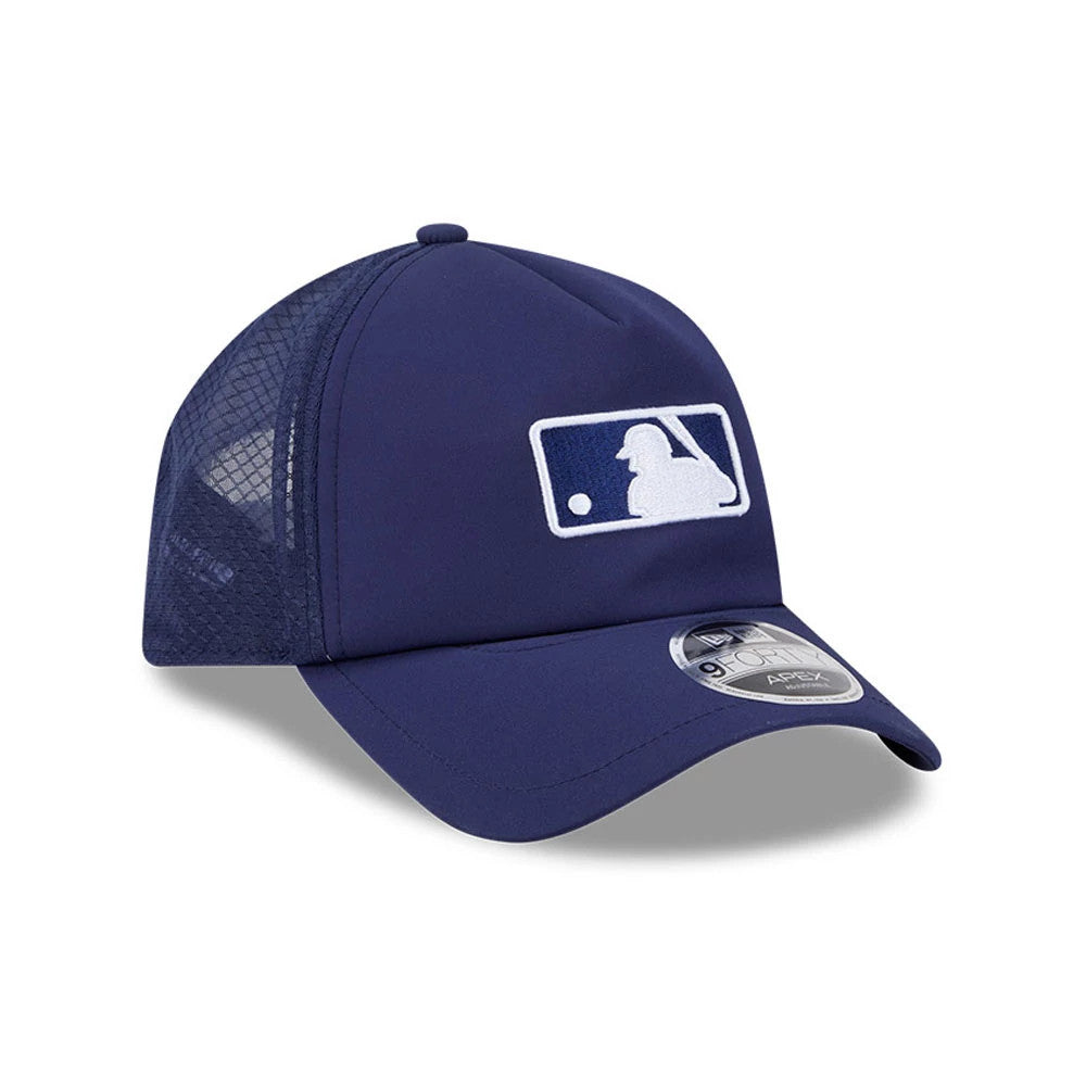 MLB Logo MLB Batting Practice 2026 Navy New Era 9FORTY Apex Adjustable Cap, three-quarter view showing the white MLB logo in raised embroidery on the front panel, curved visor with 9FORTY size sticker, and mesh material on the side panels.