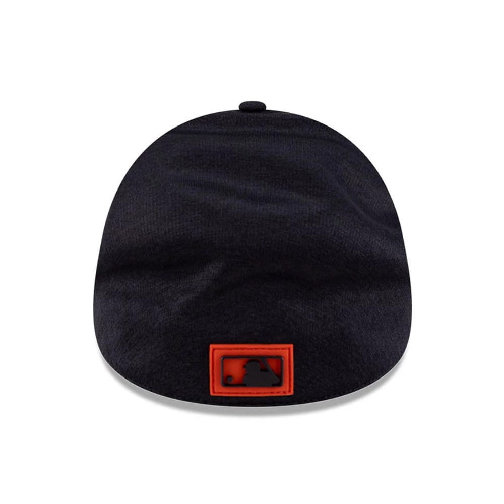 Houston Astros MLB Clubhouse Navy New Era 39THIRTY Infinity Stretch Fit Cap, rear view showing the black MLB Batterman logo with an orange border at the centre back, on the navy stretch-fit crown.