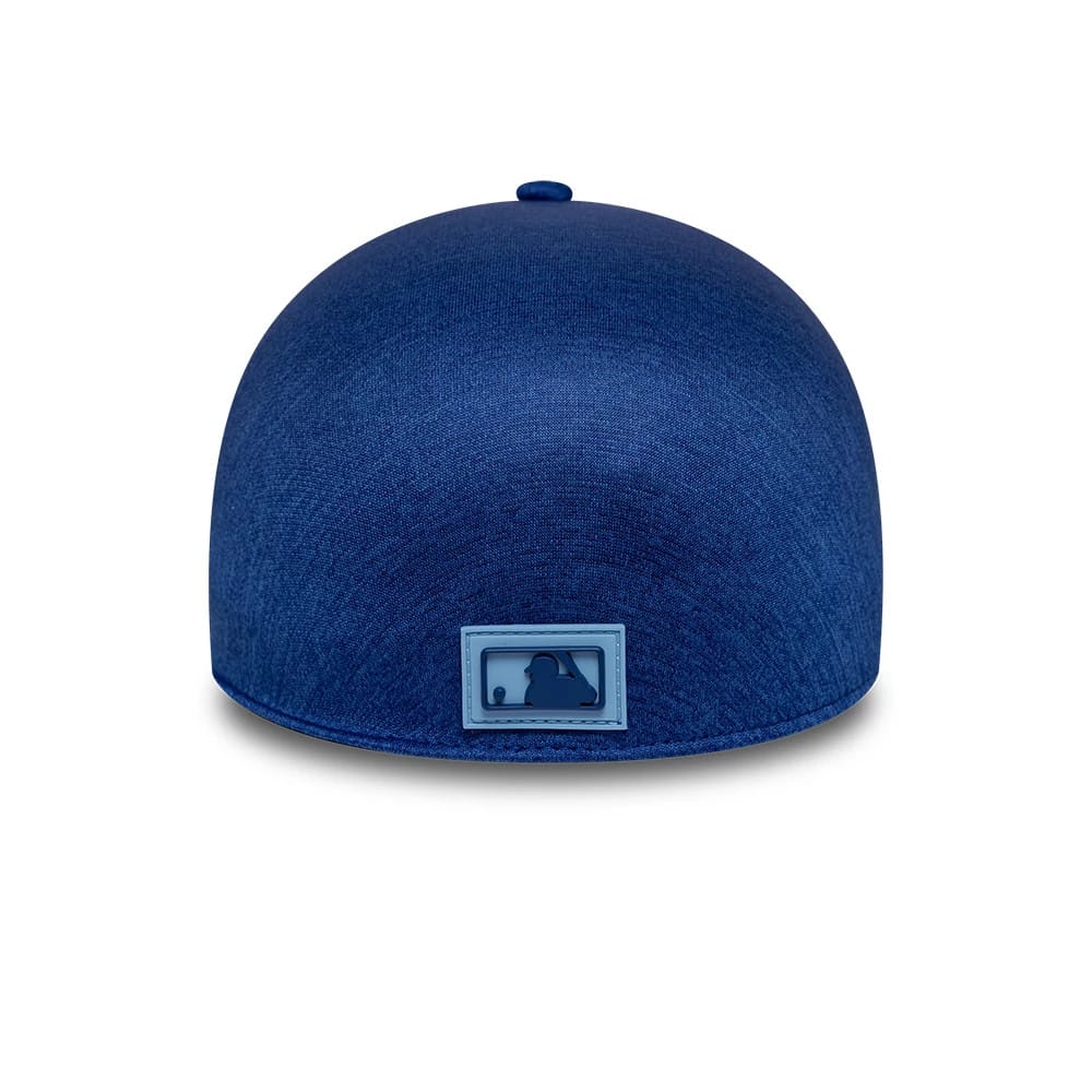 Kansas City Royals MLB Clubhouse Blue New Era 39THIRTY Infinity Stretch Fit Cap, rear view showing the blue embroidered MLB Batterman logo at the centre of the back panels on a blue structured crown.