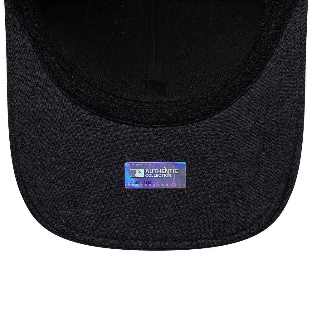 Boston Red Sox MLB Clubhouse Navy New Era 39THIRTY Infinity Stretch Fit Cap, inside view showing a black sweatband and a holographic MLB Authentic Collection sticker on the navy undervisor.