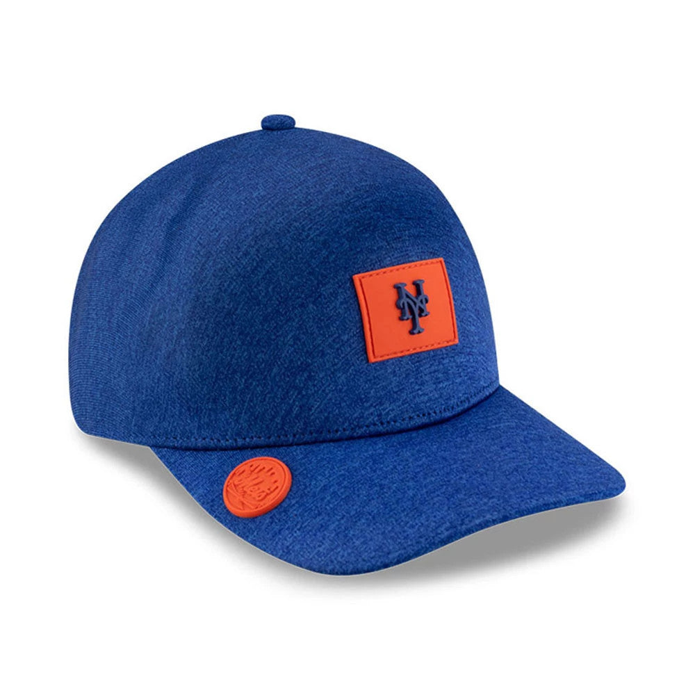 New York Mets MLB Clubhouse Blue New Era 39THIRTY Infinity Stretch Fit Cap, three-quarter view showing the raised blue NY logo embroidered on an orange patch on the front panel with an orange debossed pin on the visor.