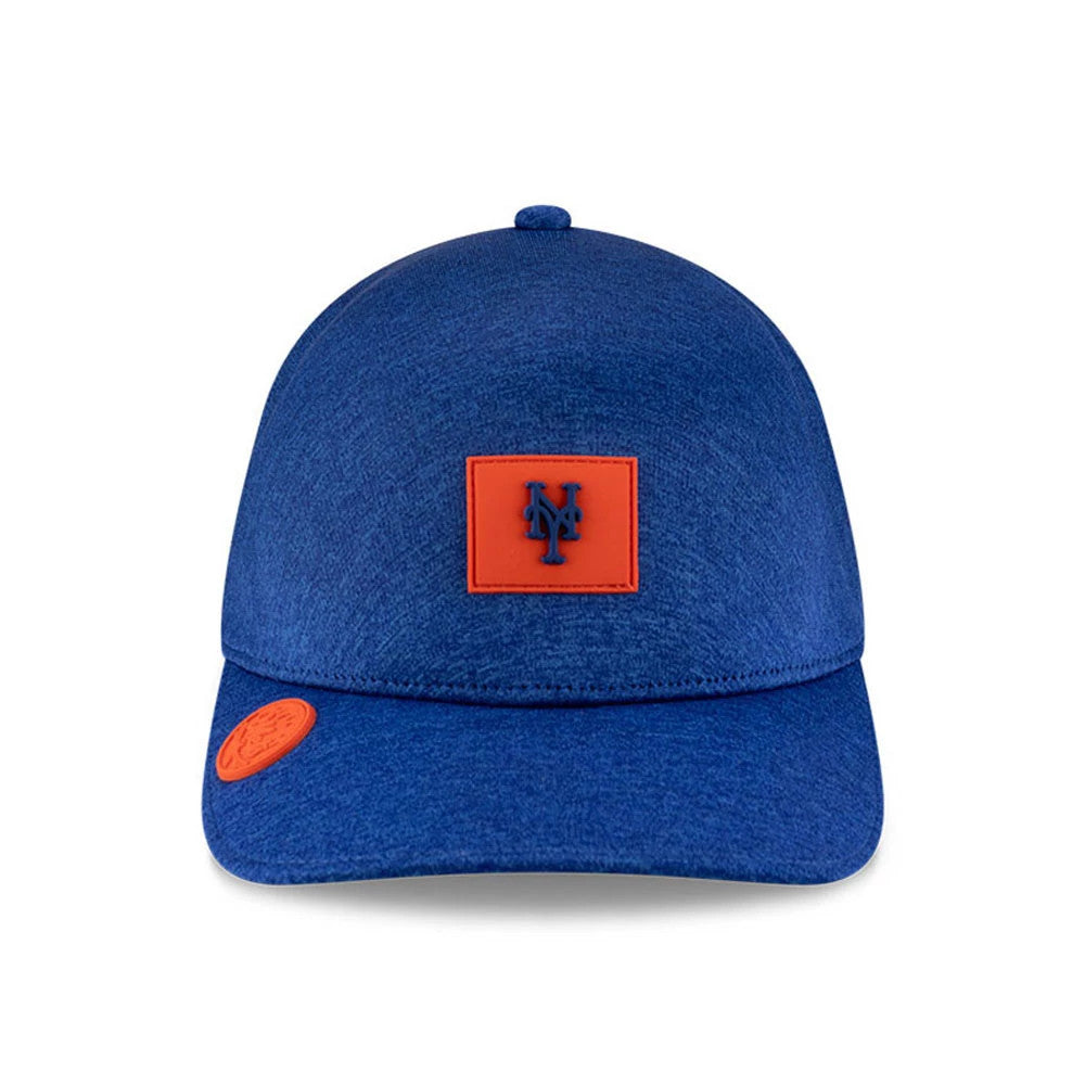 New York Mets MLB Clubhouse Blue New Era 39THIRTY Infinity Stretch Fit Cap, front view showing the orange NY logo on a square patch at the centre of the mid-blue structured crown, with a matching orange New Era sticker on the visor.